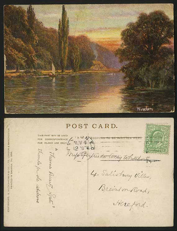 NUNEHAM 1905 Old Art Drawn Postcard River Sunset & Boat
