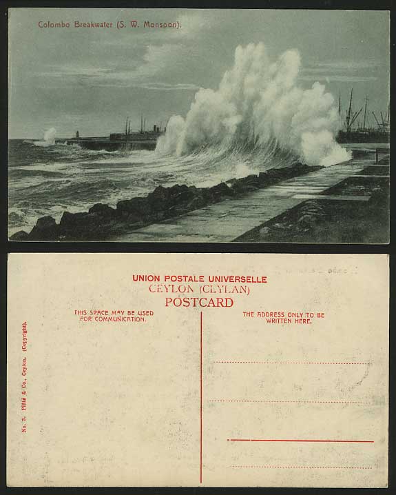 Ceylon Old Postcard Colombo Breakwater Storm SW Monsoon