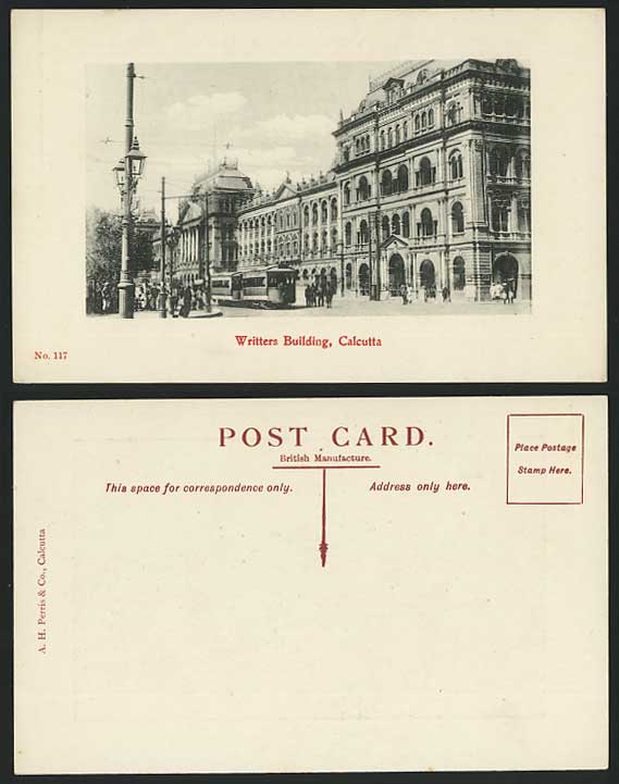 India Old Postcard Writters Building TRAM Calcutta 117.