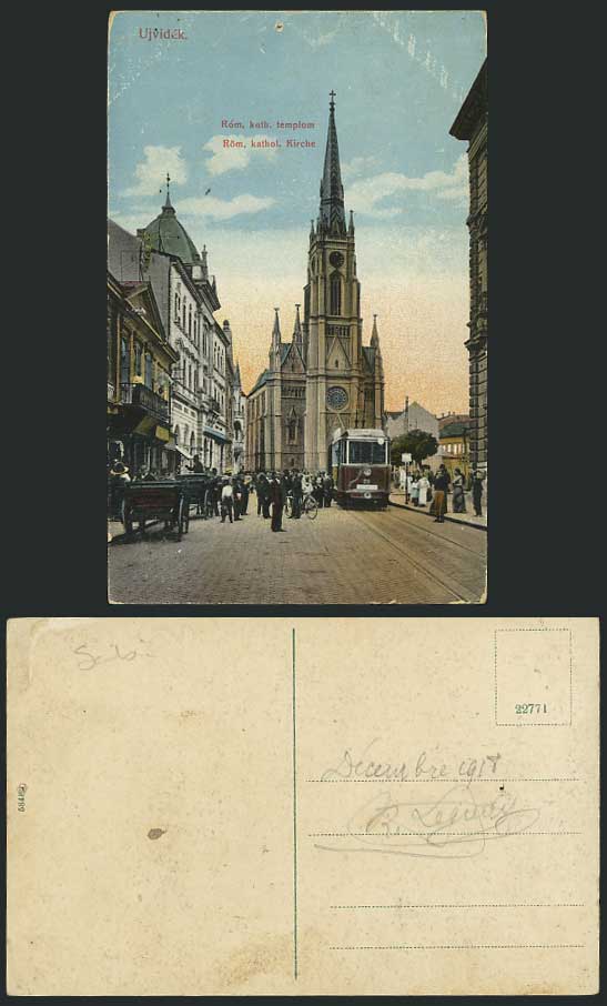 Serbia Old Postcard UJVIDEK Church Street Bicycle Tram