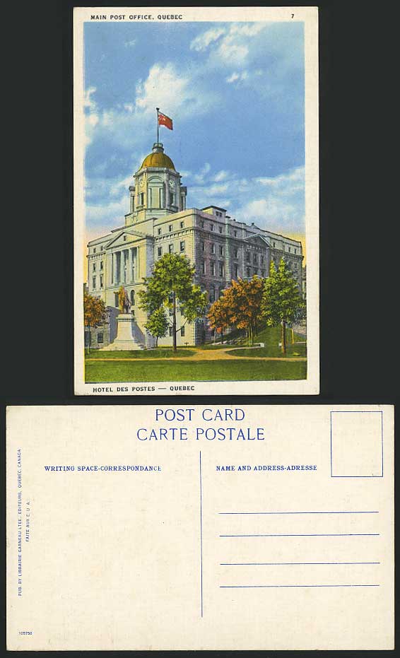 Canada Old Colour Postcard MAIN POST OFFICE Quebec Flag Statue