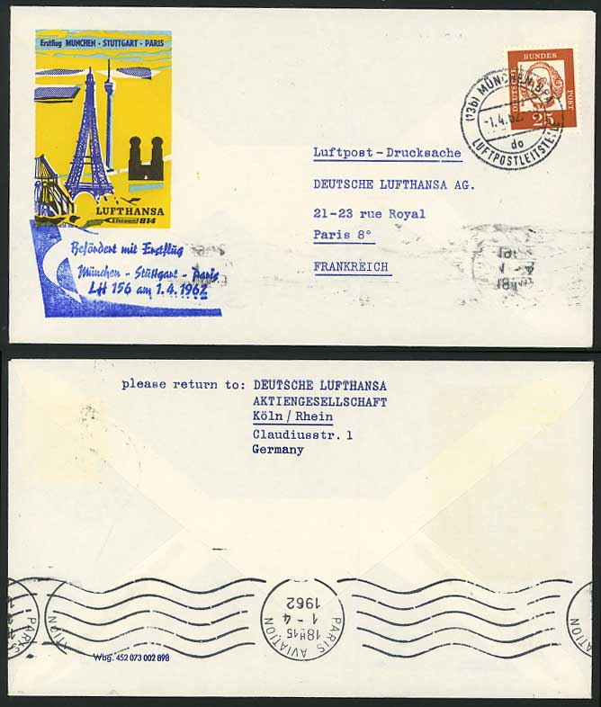 TOUR EIFFEL Tower Paris Illust 1962 LUFTHANSA LH 156 First Flight Cover Envelope