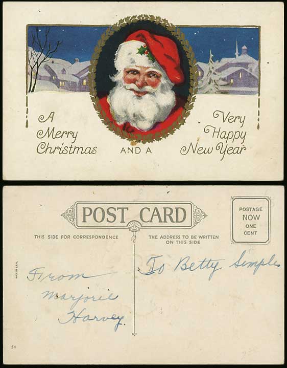 SANTA CLAUS Father Christmas & Snowy Scene Old Postcard