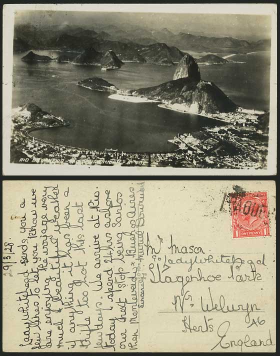 Brazil PAQUEBOT 1928 Old Real Photo Postcard RIO DE JANEIRO Aerial View Panorama