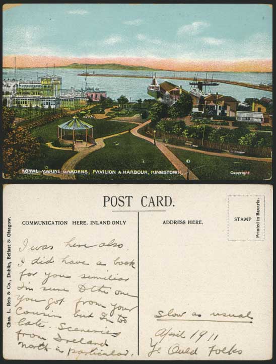 Ireland Dublin KINGSTOWN 1911 Old Postcard Royal Marine Gardens & Harbour