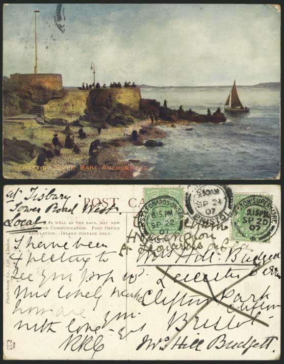 Weston-Super-Mare 1907 Old Postcard ANCHOR HEAD & Boat