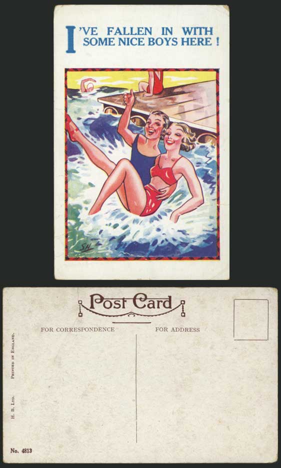 SH Artist Signed Old Postcard I've Fallen with Nice Boys Comic Humour Bathers