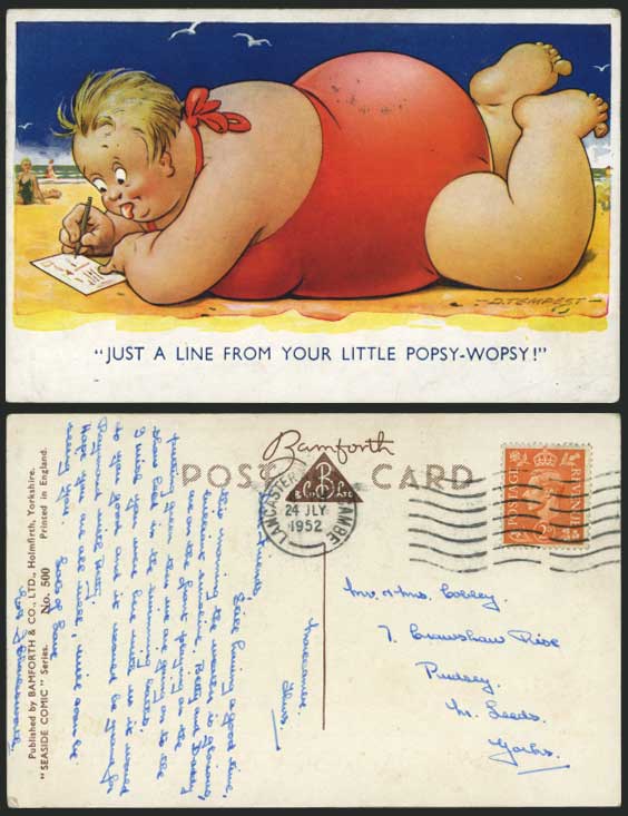 Comic Humour 1952 Old Postcard Line from Ur POPSY-WOPSY Fat Woman Lady on Beach