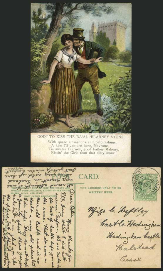 Ireland 1908 Old Colour Irish Postcard - Going to Kiss BLARNEY STONE