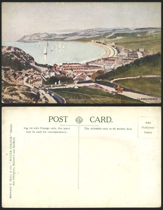 LLANDUDNO Panorama - Water Colour Drawing Old Postcard