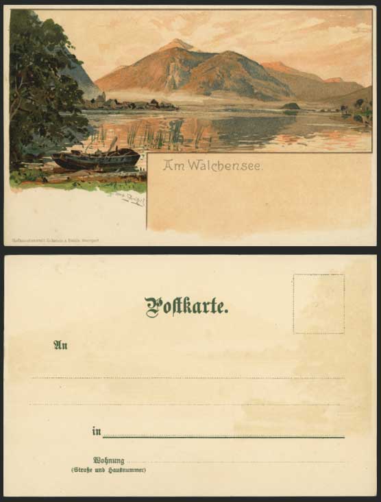 Am Walchensee Lake Boat Mountains & Sunset Old Postcard