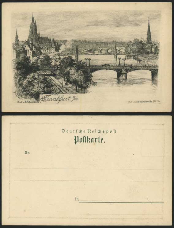 FRANKFURT am River Bridge Art Drawn Sketch Old Postcard