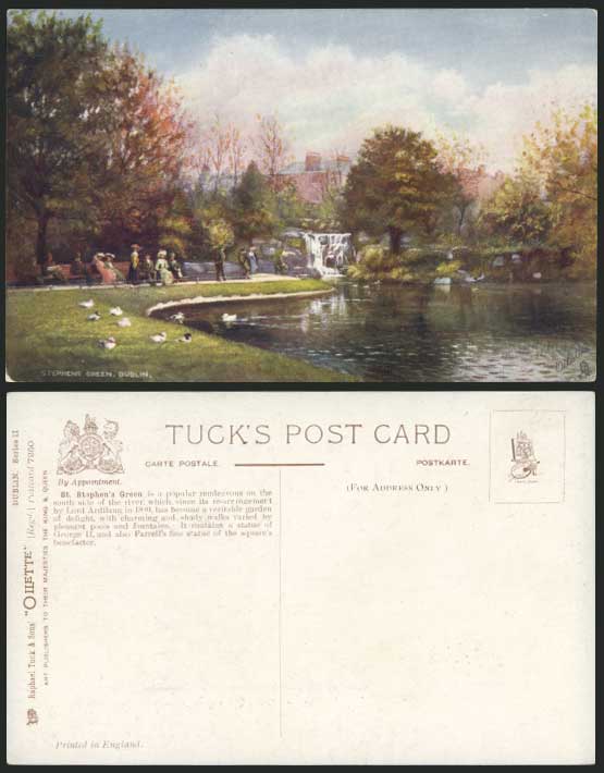 Dublin Old Tuck's Postcard Lake St Stephen's Green Park