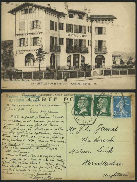 France HENDAYE-PLAGE BP Central Hotel 1924 Old Postcard