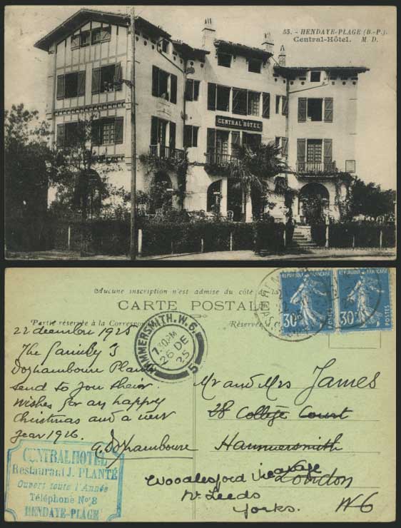 HENDAYE-PLAGE BP Central Hotel France 1925 Old Postcard