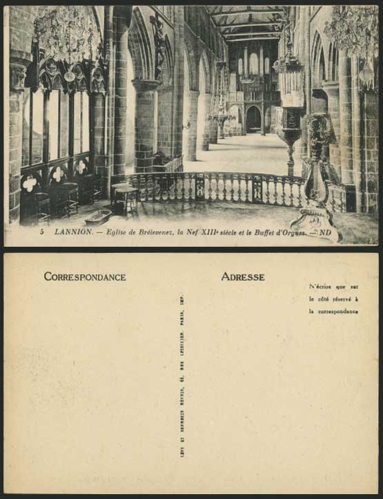 LANNION Old Postcard Eglise Brelevenez Nef Church Organ