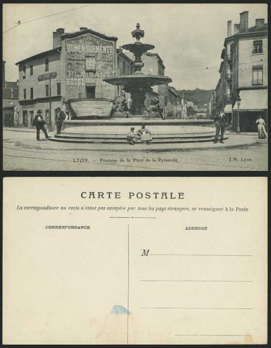 LYON Old Postcard Fontaine Place de la Pyramide & Hotel