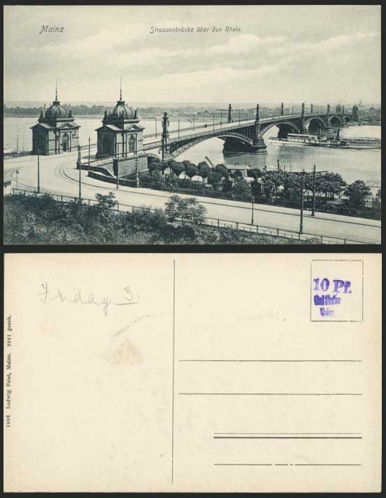 MAINZ Old Postcard Strassenbruecke uber den Rhein SHIP