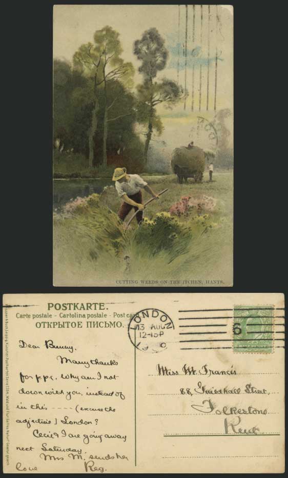 Cutting Weeds on the Itchen Hants 1906 Old ART Postcard