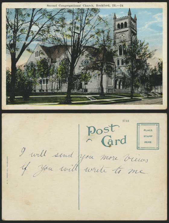 USA Old Postcard Second Congregational Church, Rockford