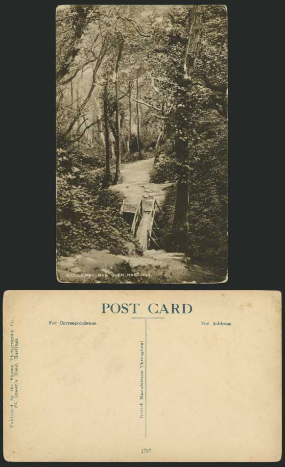 Hastings Old Postcard Ecclesbourne Glen River & Bridge