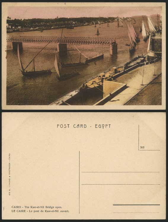 Egypt Old Postcard Cairo Kasr-el-Nil Bridge Open, Boats