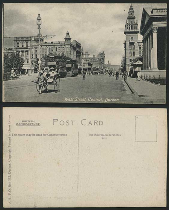 Durban Old Postcard WEST STREET CENTRAL Rickshaw & TRAM Tramway