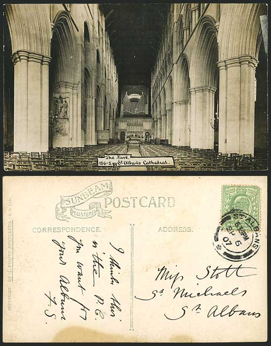 Pipe Organs St. Albans Cathedral Nave 1907 Old Postcard