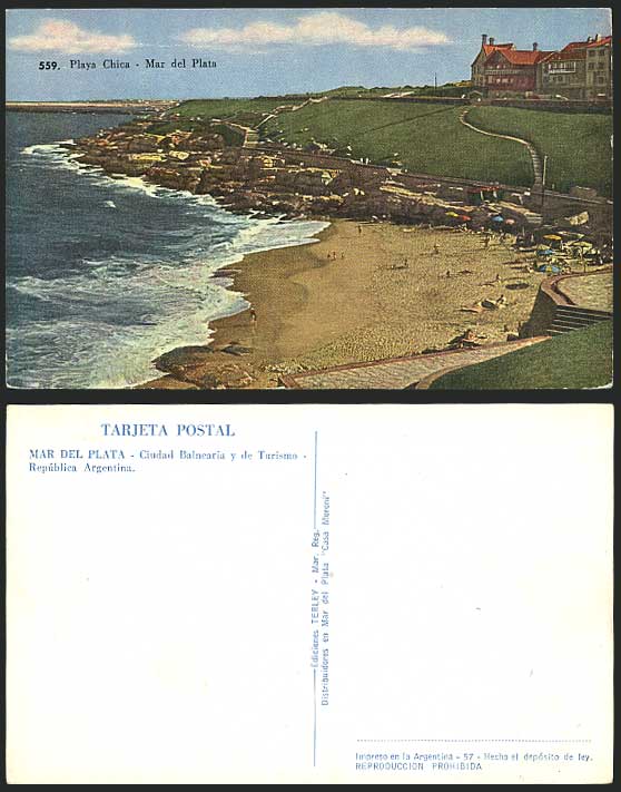 Argentina Old Colour Postcard BEACH Playa Chica, Mar del Plata, Seaside Panorama