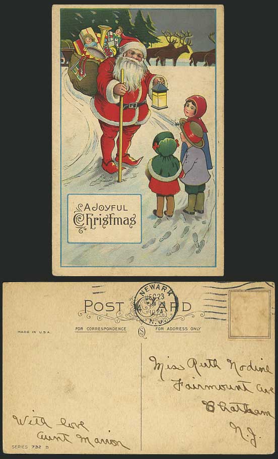 SANTA CLAUS Father Xmas Lantern Girls 1924 Old Postcard