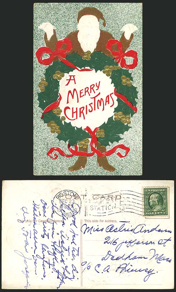 SANTA CLAUS Father Christmas & Wreath 1910 Old Postcard