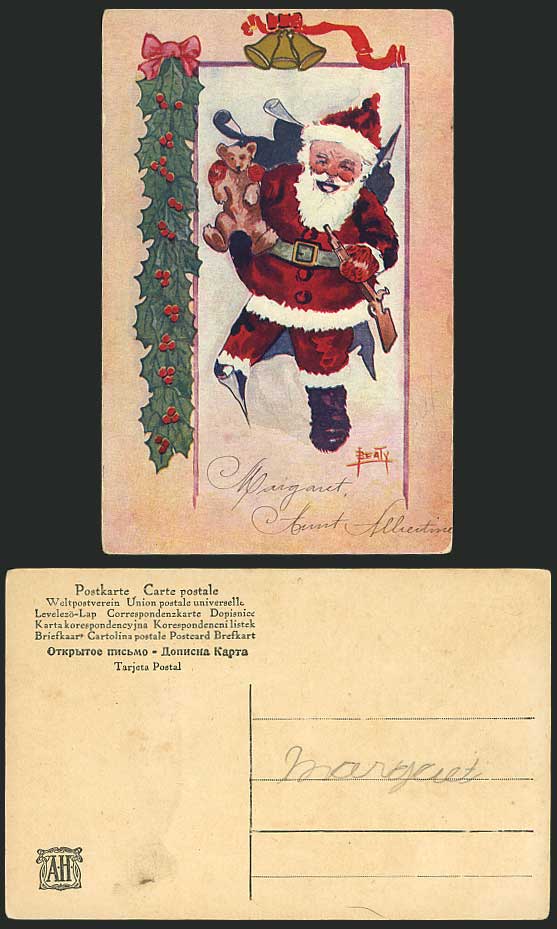 Father Christmas Teddy Bear & SANTA CLAUS Old Postcard