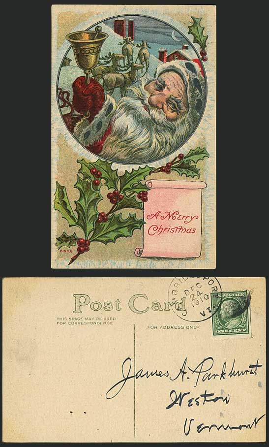 Father Christmas SANTA CLAUS, Bell & Deer 1910 Postcard