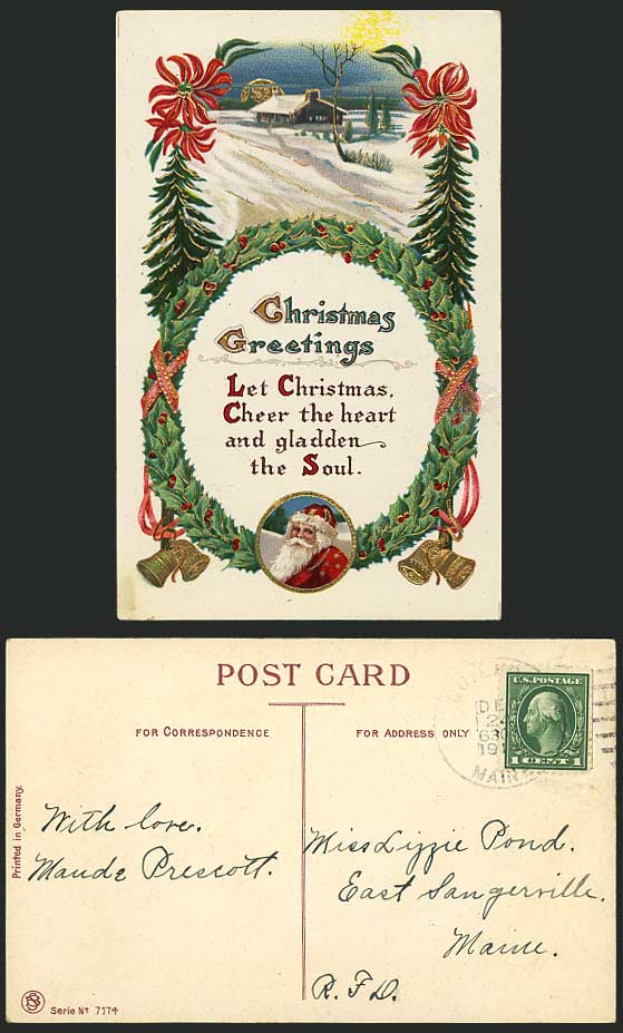 Father Christmas SANTA CLAUS Bells Flower 1914 Postcard