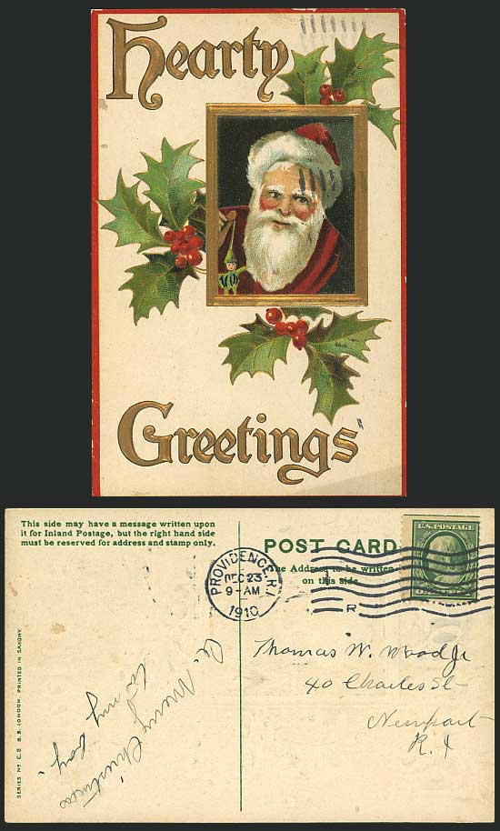 SANTA CLAUS Father Xmas, Hearty Greetings 1910 Postcard