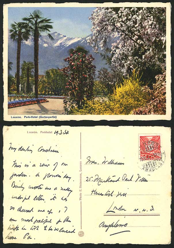 Swiss 1938 Old Postcard LOCARNO PARK HOTEL Gartenpartie