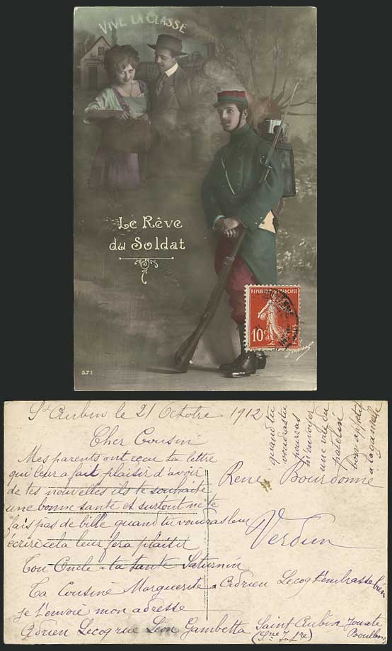 SOLDIER & Gun VIVE CLASSE 1912 Old Hand Tinted Postcard