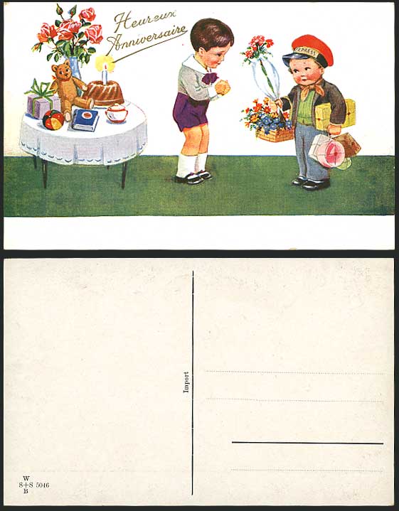 TEDDY BEAR, Express Postman Flowers & Cake Old Postcard
