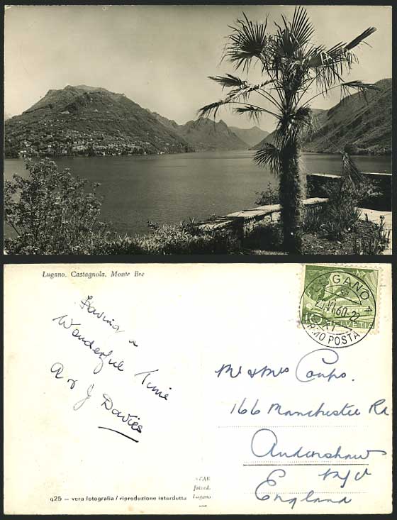 Swiss 1960 Old RP Postcard Lugano Castagnola Monte Bre