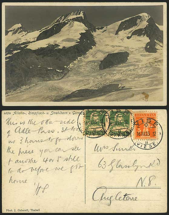 Swiss 1923 Old RP Postcard Allalin Rimpfisch Strahlhorn