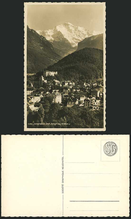Swiss Old Postcard INTERLAKEN JUNGFRAU Mountains 4166m.