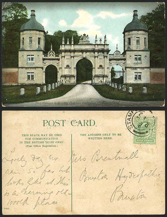 Burghley Park Gate - London Road Stamford 1906 Postcard