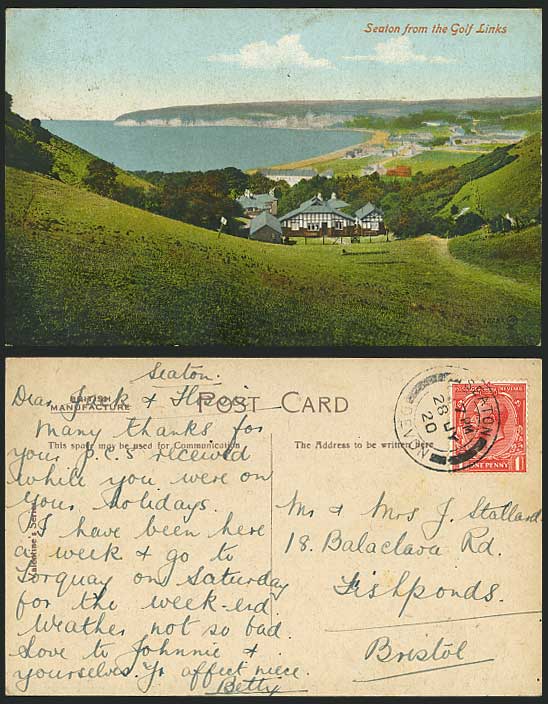 Devon 1920 Old Colour Postcard - SEATON from GOLF LINKS