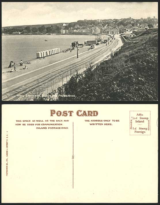 Swanage Beach & Promenade Panorama, Dorset Old Postcard