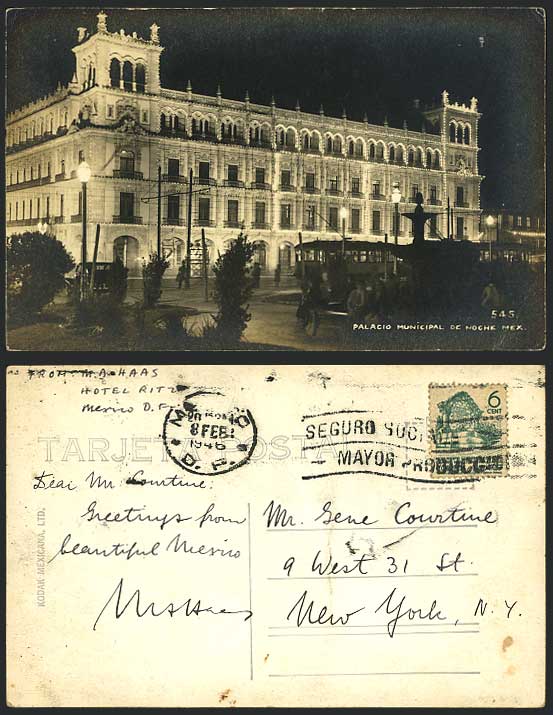 Mexico 1946 RP Postcard Palacio Municipal at Night TRAM
