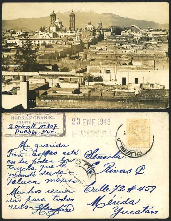 Mexico 1949 Old Postcard Panorama de Puebla & Mountains