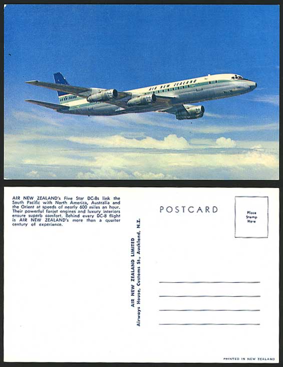 Air New Zealand Ltd Airways Aircraft Five Star DC-8 Airplane Old Colour Postcard