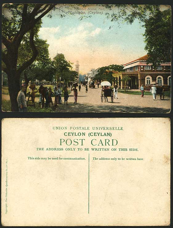 Ceylon Colombo Old Colour Postcard Street Scene FORT Rickshaw Fortress