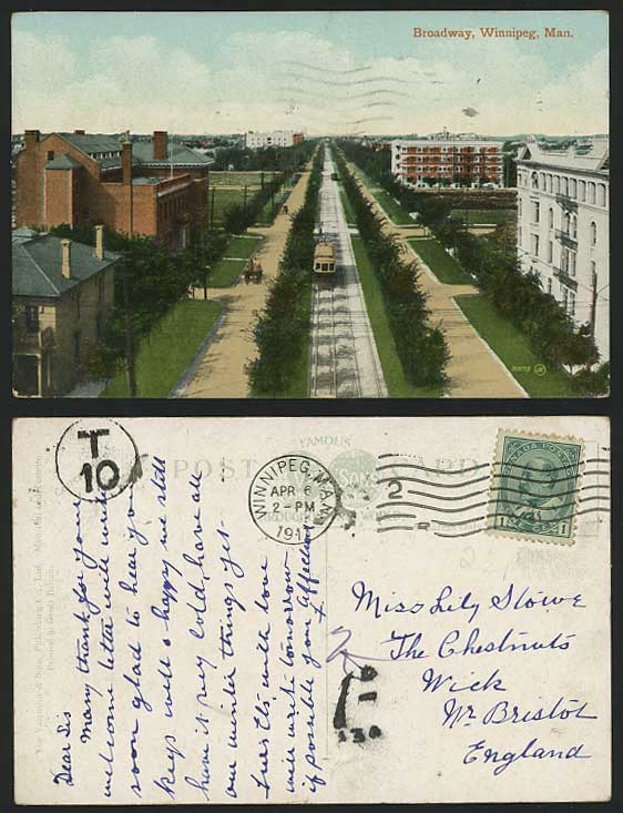 Postage Dues T10 1d Canada 1911 Old Postcard BROADWAY Street Scene TRAM Winnipeg