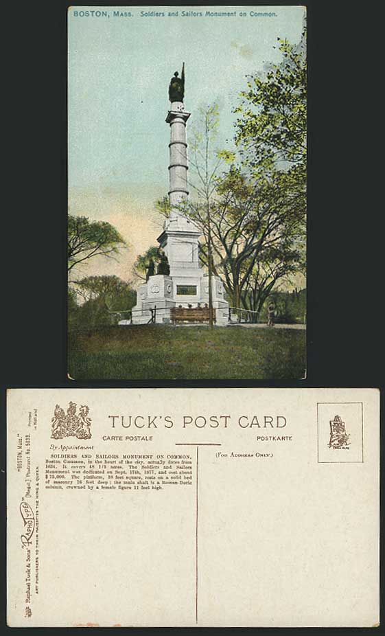 BOSTON Old Postcard Soldiers & Sailors Monument Common.